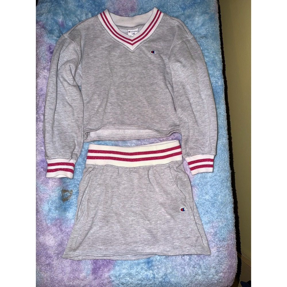 Champion Girls Gray Fleece Skirt Set Size 8 Cropped Sweatshirt Red White Stripe